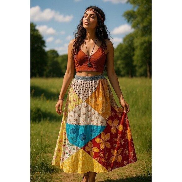 Sacred Threads Boho Patchwork Maxi Skirt Hippie Gypsy Festival Elastic Waist S/M - Picture 2 of 7